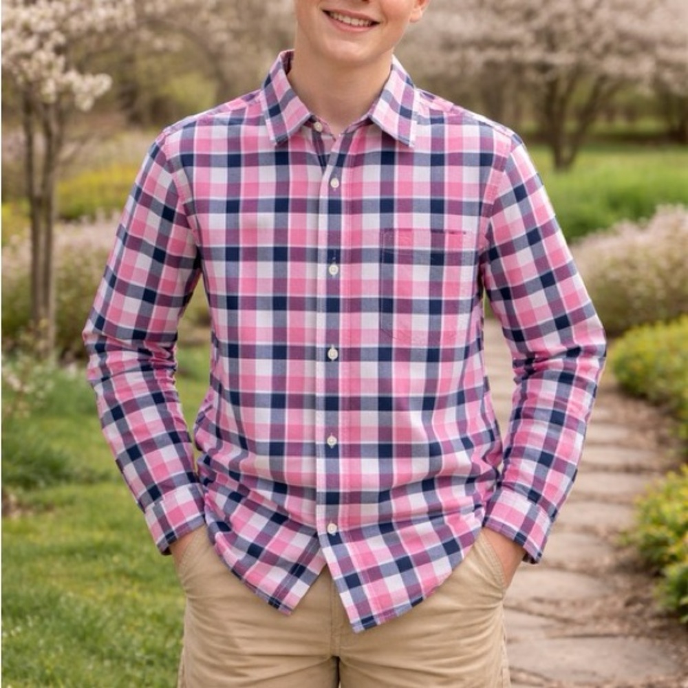 Pink and Navy Plaid Button-Up Shirt